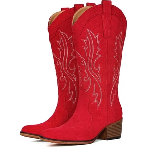 image:imageIUV Cowboy Boots For Women Western Cowgirl Boots with Chunky Heel Mid Calf Snip Toe Ideal for low instepsRed Suede