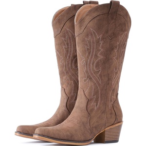 image:imageIUV Cowboy Boots For Women Western Cowgirl Boots with Chunky Heel Mid Calf Snip Toe Ideal for low instepsRedBrown