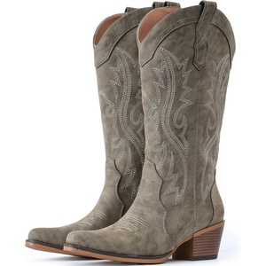 image:imageIUV Cowboy Boots For Women Western Cowgirl Boots with Chunky Heel Mid Calf Snip Toe Ideal for low instepsTaupe