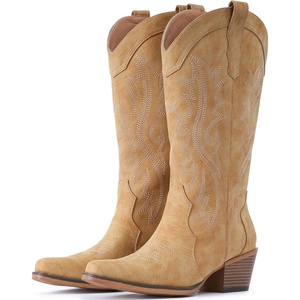 image:imageIUV Cowboy Boots For Women Western Cowgirl Boots with Chunky Heel Mid Calf Snip Toe Ideal for low instepsYellow Brown