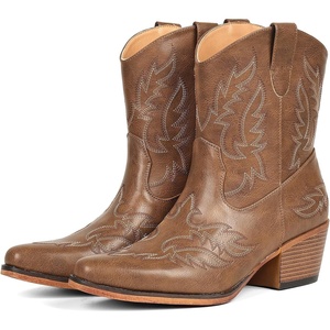 image:imageIUV Cowboy Boots for Women Ankle Cowgirl Booties Pointed Toe Western Short Chunky Classic BootBrown