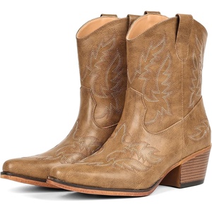 image:imageIUV Cowboy Boots for Women Ankle Cowgirl Booties Pointed Toe Western Short Chunky Classic BootKhaki