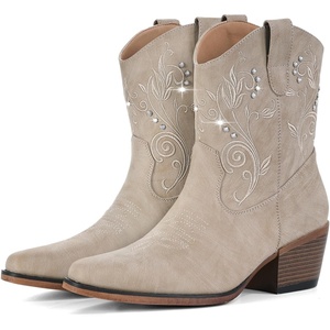 image:imageIUV Cowboy Boots for Women Ankle Cowgirl Boots with Embroidered Rhinestone Decor Chunky Heel Snip Toe Classic Western Wide BootiesBeige