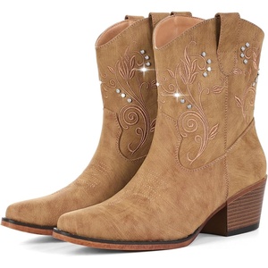 image:imageIUV Cowboy Boots for Women Ankle Cowgirl Boots with Embroidered Rhinestone Decor Chunky Heel Snip Toe Classic Western Wide BootiesCamel