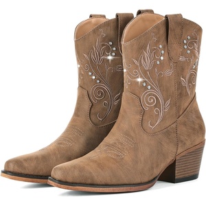 image:imageIUV Cowboy Boots for Women Ankle Cowgirl Boots with Embroidered Rhinestone Decor Chunky Heel Snip Toe Classic Western Wide BootiesRedBrown