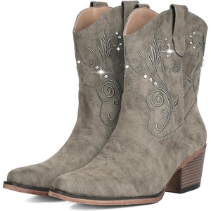 image:imageIUV Cowboy Boots for Women Ankle Cowgirl Boots with Embroidered Rhinestone Decor Chunky Heel Snip Toe Classic Western Wide BootiesTaupe