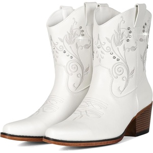 image:imageIUV Cowboy Boots for Women Ankle Cowgirl Boots with Embroidered Rhinestone Decor Chunky Heel Snip Toe Classic Western Wide BootiesWhite