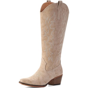 image:imageIUV Cowboy Boots for Women Knee High Pointed Toe Western Fashion Country Cowgirl Boots with EmbroideredBeige