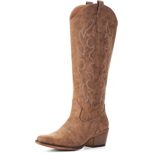 image:imageIUV Cowboy Boots for Women Knee High Pointed Toe Western Fashion Country Cowgirl Boots with EmbroideredRedBrown