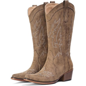 image:imageIUV Cowboy Boots for Women Mid Calf Cowgirl Western Boots with Embroidery Retro Snip Toe with Chunky Heel Summer Country Music Festival Cowboy ChicBrown