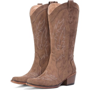 image:imageIUV Cowboy Boots for Women Mid Calf Cowgirl Western Boots with Embroidery Retro Snip Toe with Chunky Heel Summer Country Music Festival Cowboy ChicRedBrown