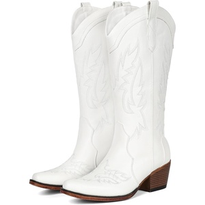 image:imageIUV Cowboy Boots for Women Mid Calf Cowgirl Western Boots with Embroidery Retro Snip Toe with Chunky Heel Summer Country Music Festival Cowboy ChicWhite