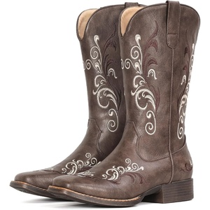 image:imageIUV Cowboy Boots for Women Mid Calf Square Toe Cowgirl Boots with Embroidery Pull On Fashion BootDark Brown