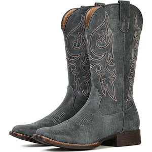 image:imageIUV Cowboy Boots for Women Mid Calf Square Toe Cowgirl Boots with Embroidery Pull On Fashion Retro Western Boot for Theme Party Country ConcertBlue