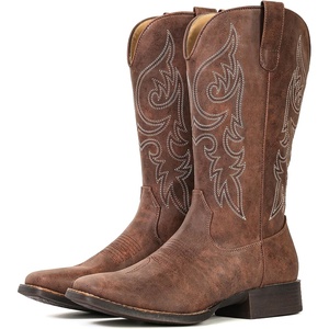 image:imageIUV Cowboy Boots for Women Mid Calf Square Toe Cowgirl Boots with Embroidery Pull On Fashion Retro Western Boot for Theme Party Country ConcertBrown
