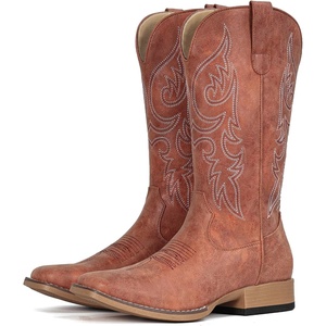 image:imageIUV Cowboy Boots for Women Mid Calf Square Toe Cowgirl Boots with Embroidery Pull On Fashion Retro Western Boot for Theme Party Country ConcertBrown Pink