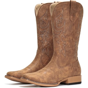 image:imageIUV Cowboy Boots for Women Mid Calf Square Toe Cowgirl Boots with Embroidery Pull On Fashion Retro Western Boot for Theme Party Country ConcertLight Brown