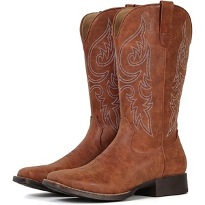 image:imageIUV Cowboy Boots for Women Mid Calf Square Toe Cowgirl Boots with Embroidery Pull On Fashion Retro Western Boot for Theme Party Country ConcertRedBrown