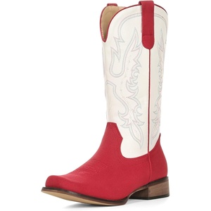 image:imageIUV Cowboy Boots for Women Square Toe Mid Calf Cowgirl Boots Embroidered Chunky Heel Western Boots for Country Concert Music FestivalRuby RedWhite