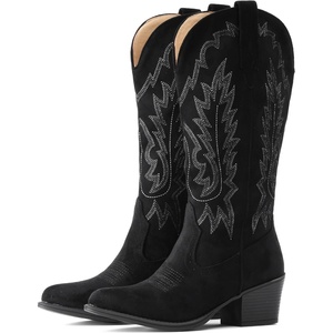 image:imageIUV Suede Cowboy Boots For Women Chunky Heel Pointed Toe Cowgirl Boots Mid Calf Western Embroidery fall BootBlack