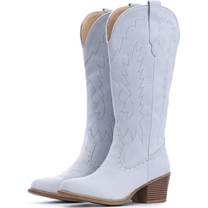 image:imageIUV Suede Cowboy Boots For Women Chunky Heel Pointed Toe Cowgirl Boots Mid Calf Western Embroidery fall BootBlue