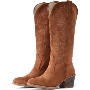 image:imageIUV Suede Cowboy Boots For Women Chunky Heel Pointed Toe Cowgirl Boots Mid Calf Western Embroidery fall BootBrown