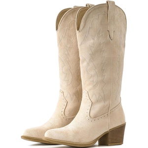 image:imageIUV Suede Cowboy Boots For Women Chunky Heel Pointed Toe Cowgirl Boots Mid Calf Western Embroidery fall BootCamel