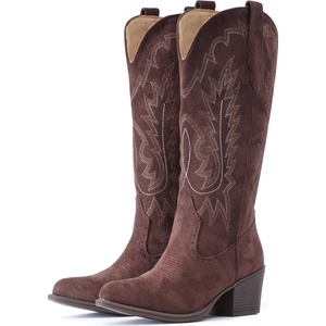 image:imageIUV Suede Cowboy Boots For Women Chunky Heel Pointed Toe Cowgirl Boots Mid Calf Western Embroidery fall BootCoffee