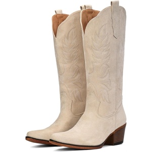 image:imageIUV Suede Cowboy Boots for Women Mid Calf Cowgirl Boots with Embroidered Retro Snip Toe Chunky Heel Western Boot for Country Concert Music Festival Cowboy ChicBeige