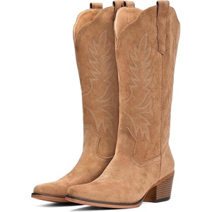 image:imageIUV Suede Cowboy Boots for Women Mid Calf Cowgirl Boots with Embroidered Retro Snip Toe Chunky Heel Western Boot for Country Concert Music Festival Cowboy ChicDark Brown