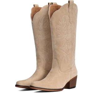 image:imageIUV Suede Cowboy Boots for Women Mid Calf Cowgirl Boots with Embroidered Retro Snip Toe Chunky Heel Western Boot for Country Concert Music Festival Cowboy ChicCamel