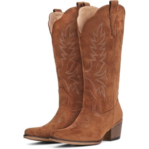 image:imageIUV Suede Cowboy Boots for Women Mid Calf Cowgirl Boots with Embroidered Retro Snip Toe Chunky Heel Western Boot for Country Concert Music Festival Cowboy ChicBrown