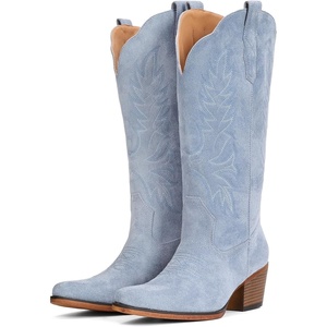 image:imageIUV Suede Cowboy Boots for Women Mid Calf Cowgirl Boots with Embroidered Retro Snip Toe Chunky Heel Western Boot for Country Concert Music Festival Cowboy ChicBlue