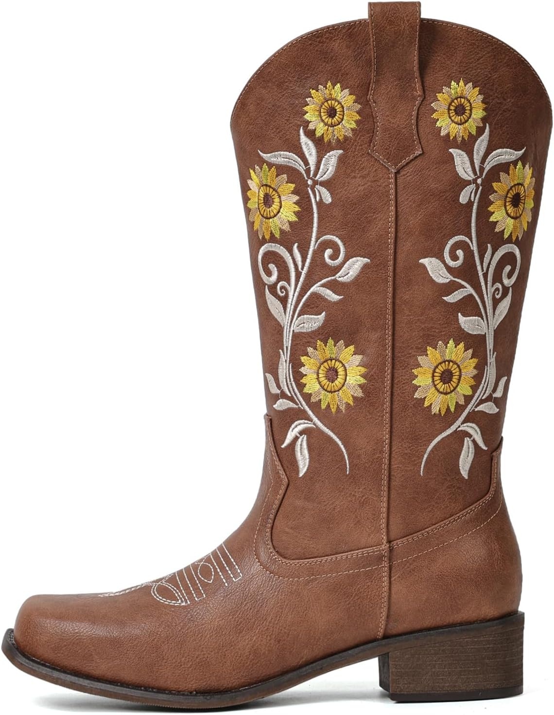 image:imageIUV Cowboy Boots For Women Sunflower Square Toe Mid Calf Western Pull On Fashion Cowgirl BootsLight Brown