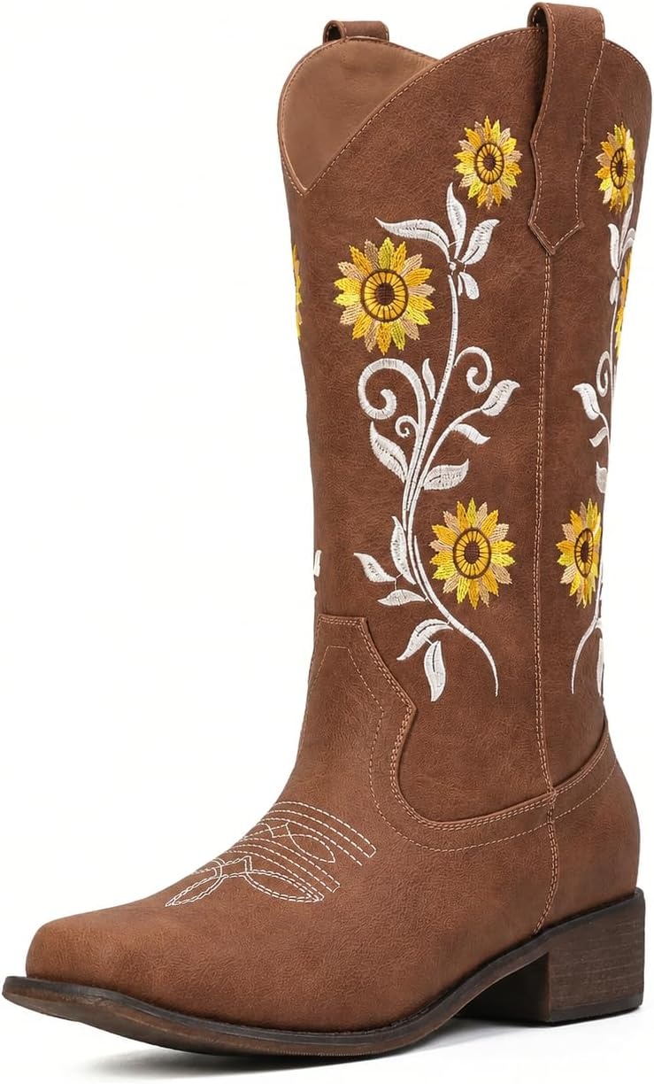 image:imageIUV Cowboy Boots For Women Sunflower Square Toe Mid Calf Western Pull On Fashion Cowgirl BootsLight Brown