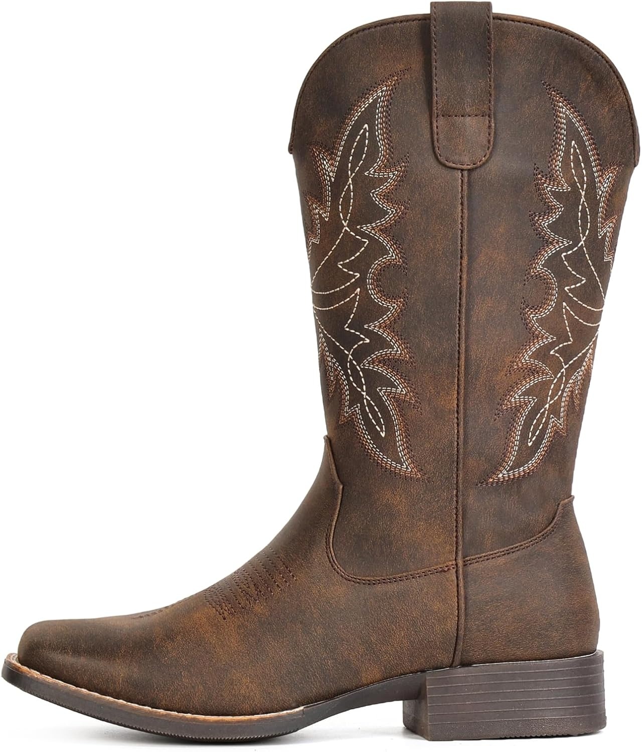 image:imageIUV Cowboy Boots for Women Square Toe Western Cowgirl Boots Mid Calf Durable Classic Fashionable Embroidered Pull On BootBrown