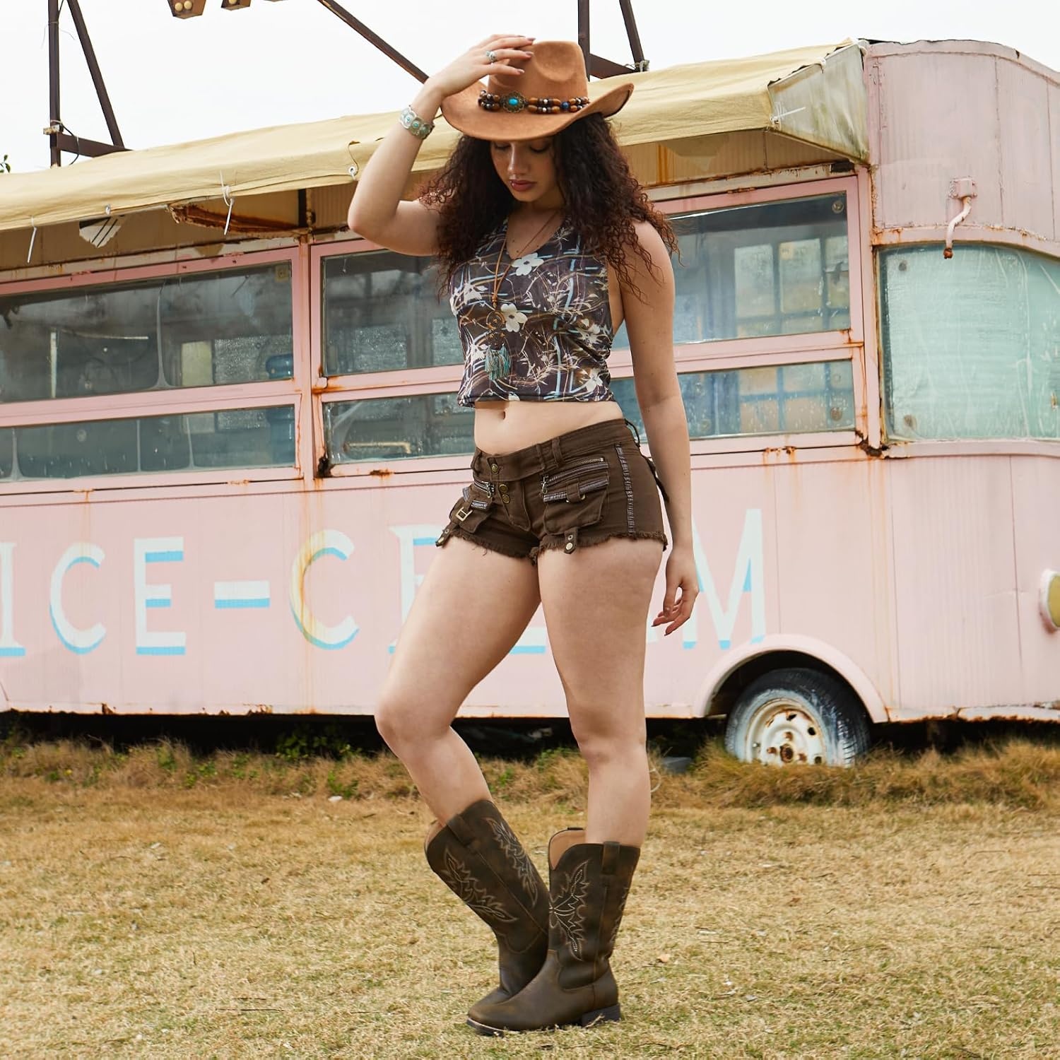 image:imageIUV Cowboy Boots for Women Square Toe Western Cowgirl Boots Mid Calf Durable Classic Fashionable Embroidered Pull On BootYellow Brown