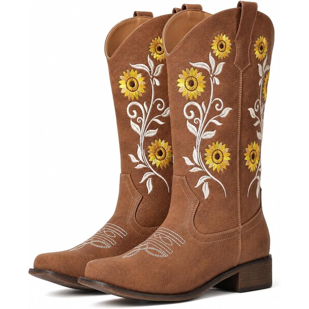 image:imageIUV Cowboy Boots For Women Sunflower Square Toe Mid Calf Western Pull On Fashion Cowgirl BootsLight Brown