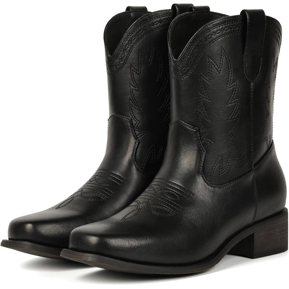 image:imageIUV Cowboy Boots for Women Square Toe Cowgirl Boots Ankle Low Chunky Heel Classic Embroidered Western BootiesBlack
