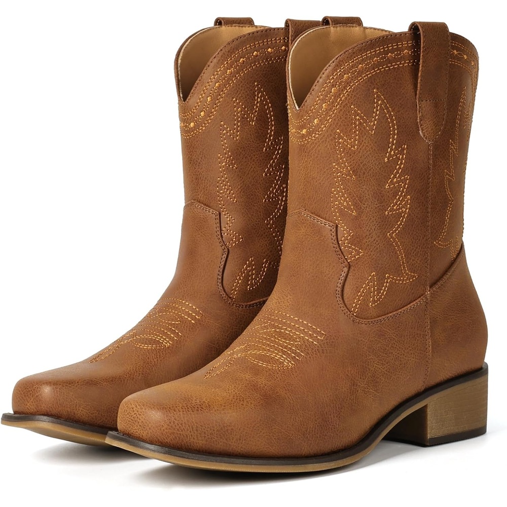 image:imageIUV Cowboy Boots for Women Square Toe Cowgirl Boots Ankle Low Chunky Heel Classic Embroidered Western BootiesBrown