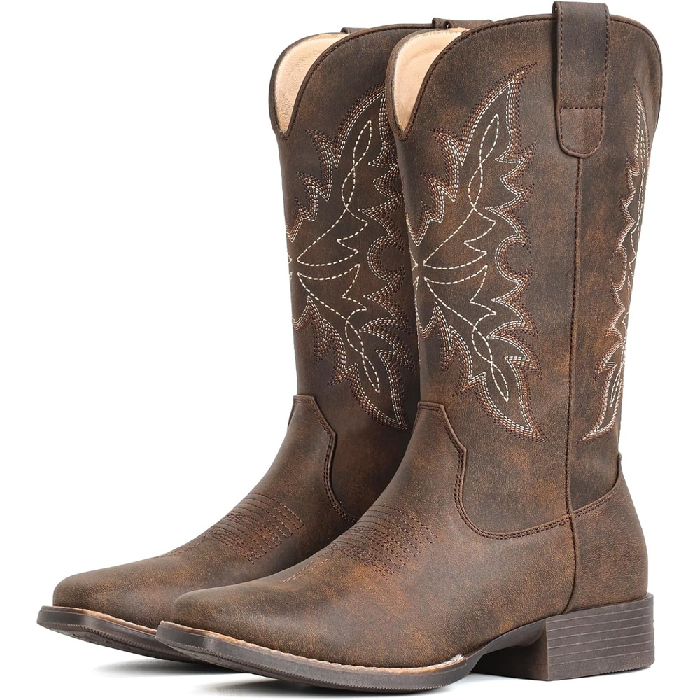 image:imageIUV Cowboy Boots for Women Square Toe Western Cowgirl Boots Mid Calf Durable Classic Fashionable Embroidered Pull On BootBrown