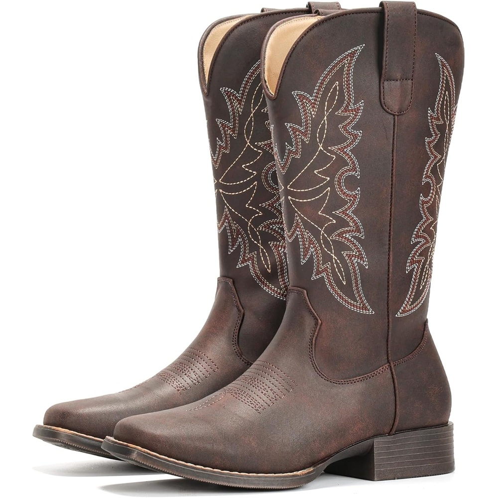 image:imageIUV Cowboy Boots for Women Square Toe Western Cowgirl Boots Mid Calf Durable Classic Fashionable Embroidered Pull On BootKhaki