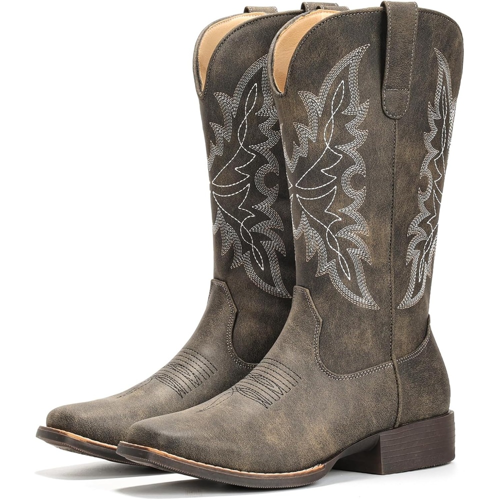 image:imageIUV Cowboy Boots for Women Square Toe Western Cowgirl Boots Mid Calf Durable Classic Fashionable Embroidered Pull On BootTaupe