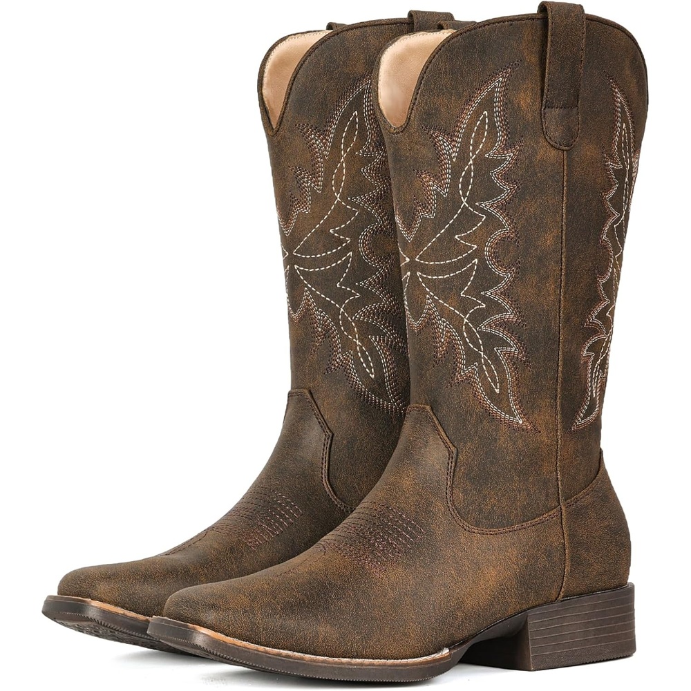 image:imageIUV Cowboy Boots for Women Square Toe Western Cowgirl Boots Mid Calf Durable Classic Fashionable Embroidered Pull On BootYellow Brown