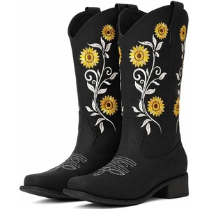 image:imageIUV Cowboy Boots For Women Sunflower Square Toe Mid Calf Western Pull On Fashion Cowgirl BootsBlack