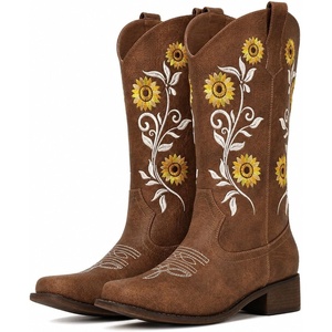 image:imageIUV Cowboy Boots For Women Sunflower Square Toe Mid Calf Western Pull On Fashion Cowgirl BootsBrown