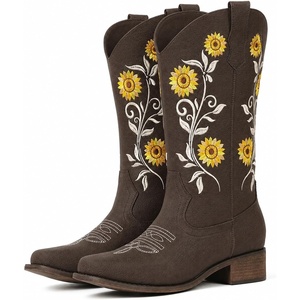image:imageIUV Cowboy Boots For Women Sunflower Square Toe Mid Calf Western Pull On Fashion Cowgirl BootsChocolate