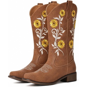 image:imageIUV Cowboy Boots For Women Sunflower Square Toe Mid Calf Western Pull On Fashion Cowgirl BootsLight Brown
