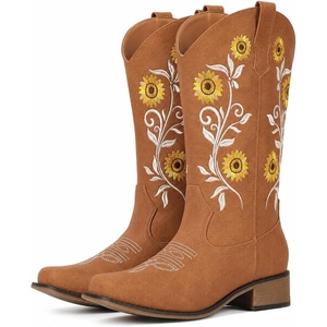 image:imageIUV Cowboy Boots For Women Sunflower Square Toe Mid Calf Western Pull On Fashion Cowgirl BootsYellow Brown