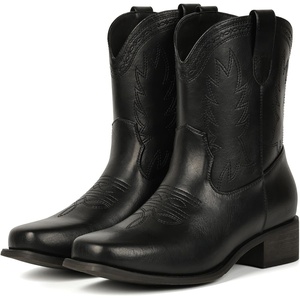 image:imageIUV Cowboy Boots for Women Square Toe Cowgirl Boots Ankle Low Chunky Heel Classic Embroidered Western BootiesBlack